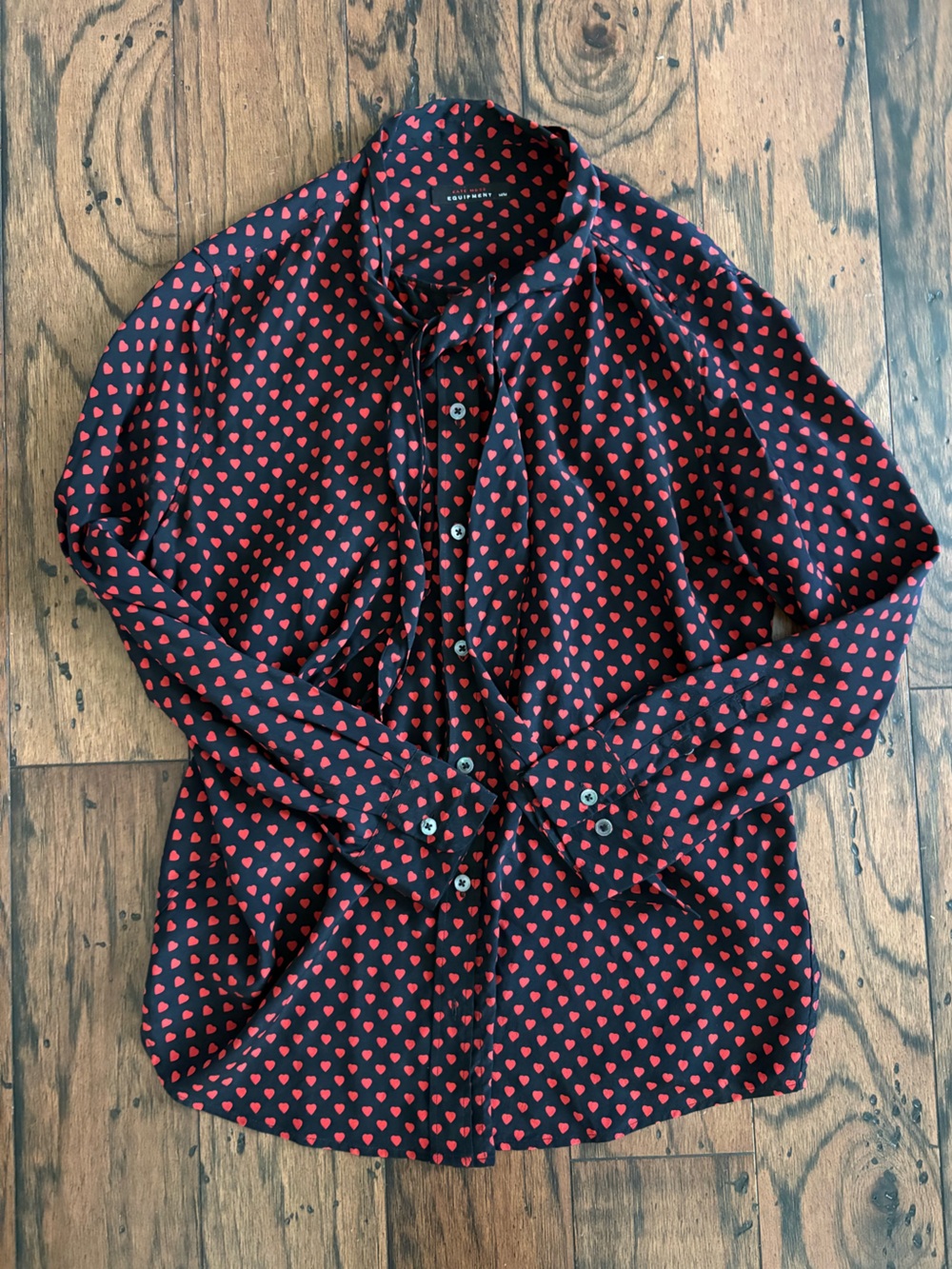 Kate Moss x Equipment black silk blouse with red hearts and pussybow collar